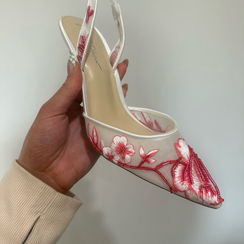 Betsey Johnson White Slingback Pump with Pink Floral Embroidery